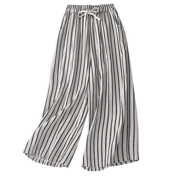 leijia Cotton Linen Striped Wide-Legged Pants Women Thin Drape Casual Straight Pants Summer Drawstring Elastic High Waist Pant Pockets Cropped Trouser