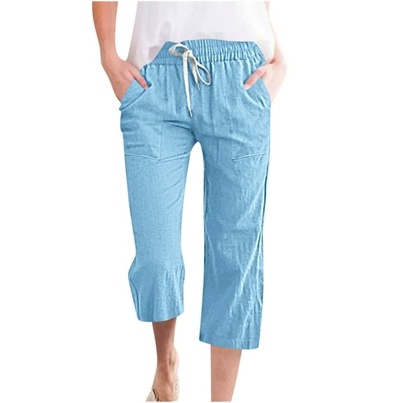 leijia Linen Capri Pants for Women Elastic Waisted Drawstring Capris Solid Color Plus Size Straight Pants with Pockets