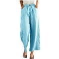 thumbnail image 1 of leijia Linen Trousers for Women Summer Elastic Waisted Button Long Pants Solid Color Loose Fit Palazzo Pants Lounge Beach Pants with Pockets, 1 of 9