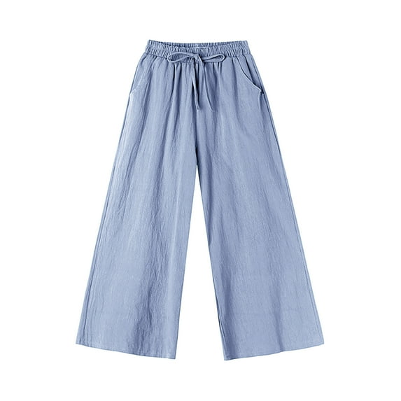 leijia Palazzo Pants for Women Cotton Linen Drawstring Wide Leg Pants Solid Color Baggy Lounge Long Pants with Pockets