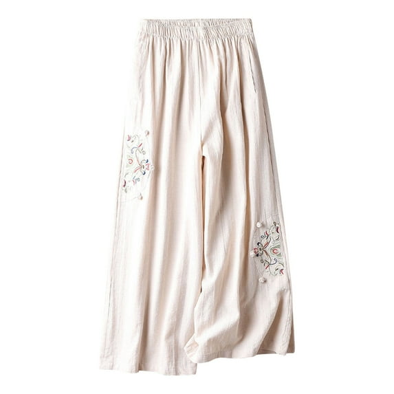 leijia Summer Linen Palazzo Pants for Women Elastic High Waisted Embroidery Wide Leg Pants Boho Baggy Beach Long Pants