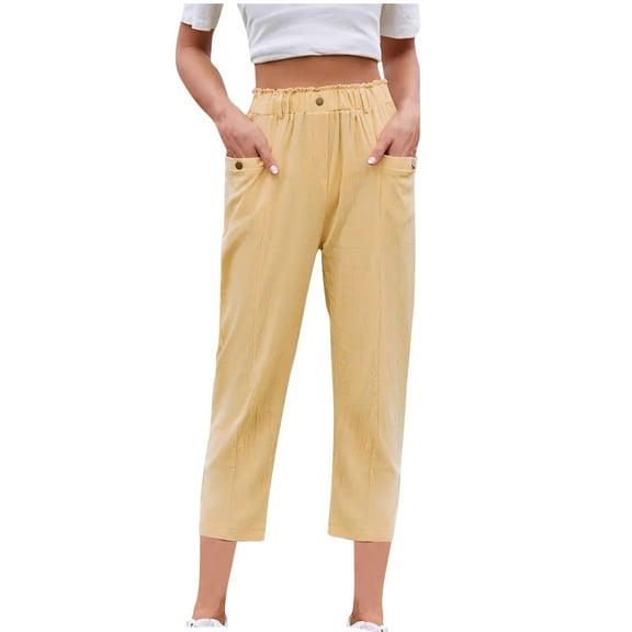 leijia Tapered Capris Pants for Women Cotton Linen Beach Pants Elastic High Waisted Button Capri Pant with Pockets