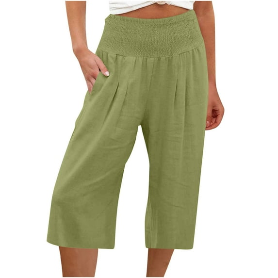 leijia Women Linen Capris Pants Summer Wide Leg Pants Smocked Waist Capri Pant Boho Flowy Beach Pant with Pocket