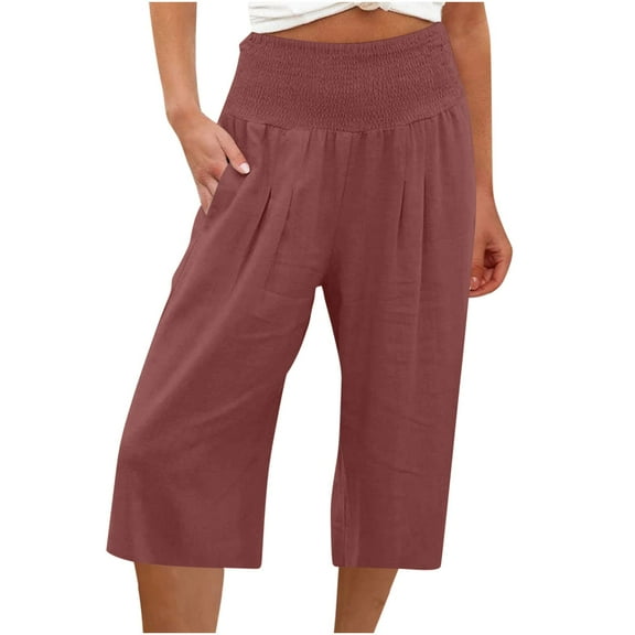leijia Women Linen Capris Pants Summer Wide Leg Pants Smocked Waist Capri Pant Boho Flowy Beach Pant with Pocket