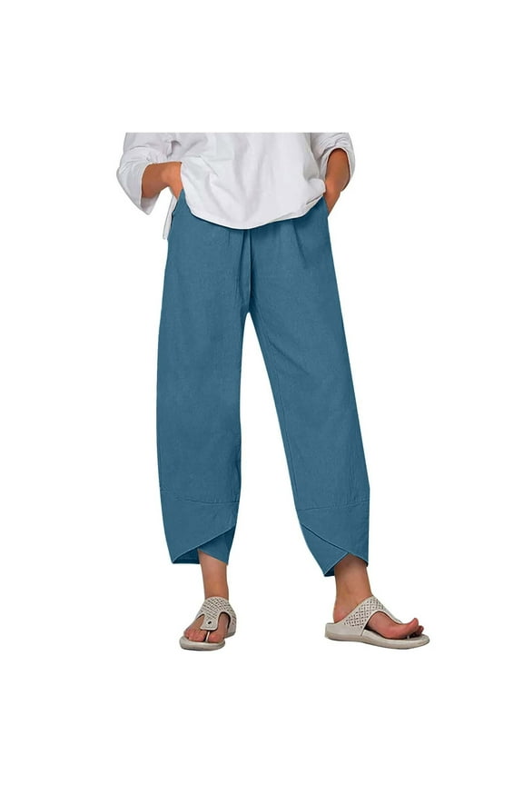 Women's Cotton Linen Capri Pants Tulip Hem High Waisted Straight Trousers Plus Size Loose Fit Lounge Ankle Pants with Pockets