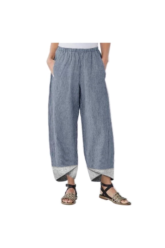 Women's Plus Size Linen Pants Tulip Hem Patchwork Straight Trousers Elastic High Waisted Lounge Long Pants with Pockets