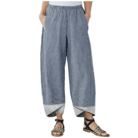 leijia Women's Plus Size Linen Pants Tulip Hem Patchwork Straight Trousers Elastic High Waisted Lounge Long Pants with Pockets