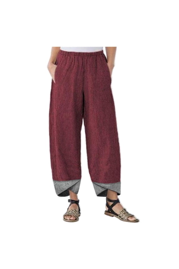 Women's Plus Size Linen Pants Tulip Hem Patchwork Straight Trousers Elastic High Waisted Lounge Long Pants with Pockets