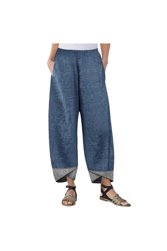 Women's Plus Size Linen Pants Tulip Hem Patchwork Straight Trousers Elastic High Waisted Lounge Long Pants with Pockets