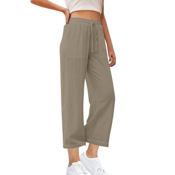 leijia Womens Plus Size Pants Cotton Linen Drawstring Wide Leg Pants with Pockets Solid Color High Waisted Lounge Long Pants Straight Trousers