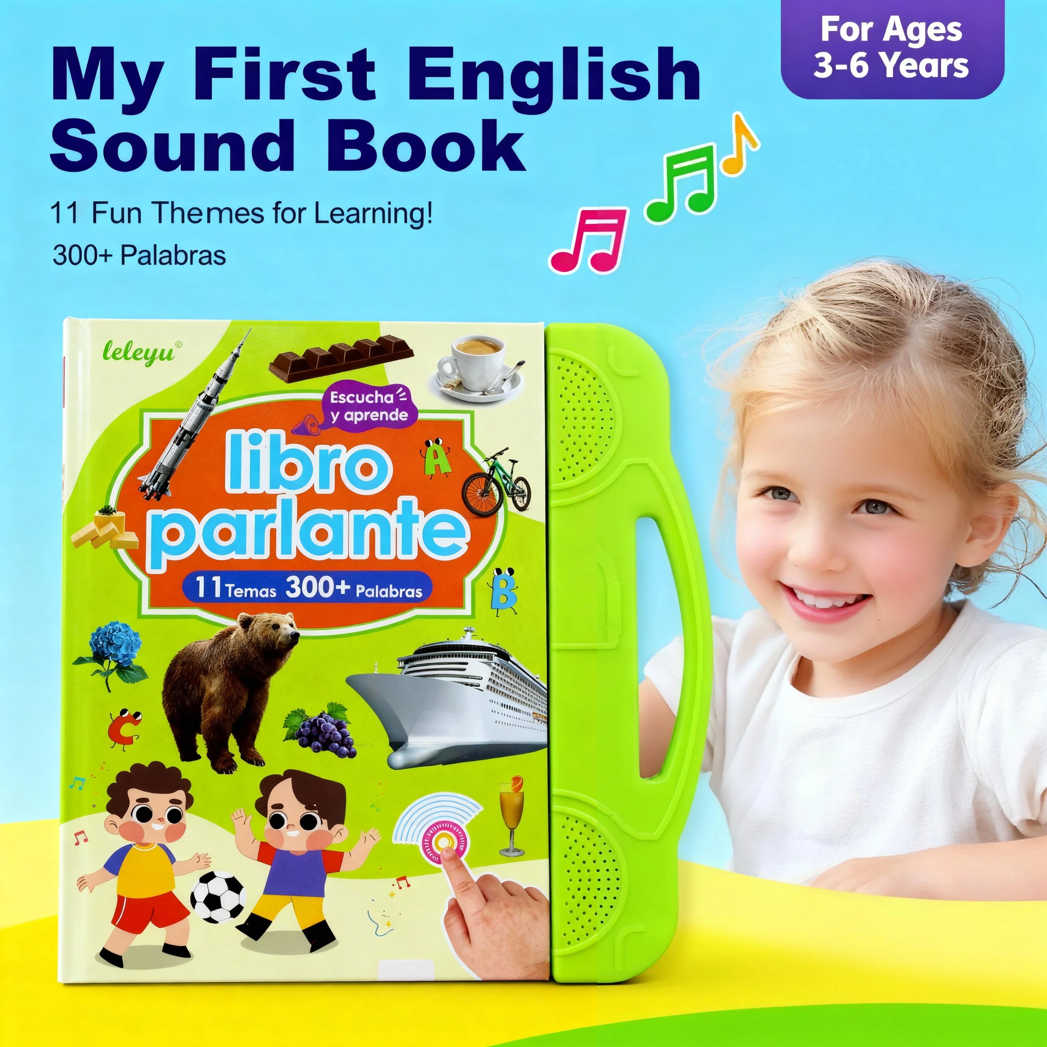 leleyu- Bilingual Spanish-English Sound Book for Children 1-6 Years |   300+ Words and 11 Themes |   Educational Toy with Music, Animals, Interactive Piano and Alphabet edutoys