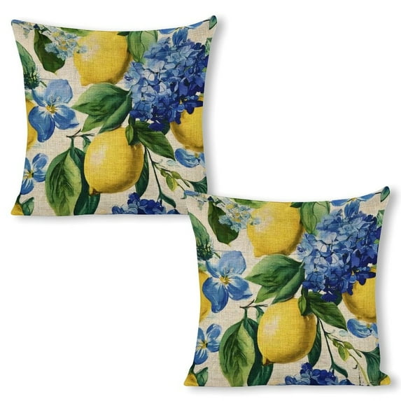 lemons blue flowers green leaves linen throw pillowcase decoration pillowcase gifting preferred 18x18 inch cushion cover 2 sets sofa pillowcase sofa bedroom living room car
