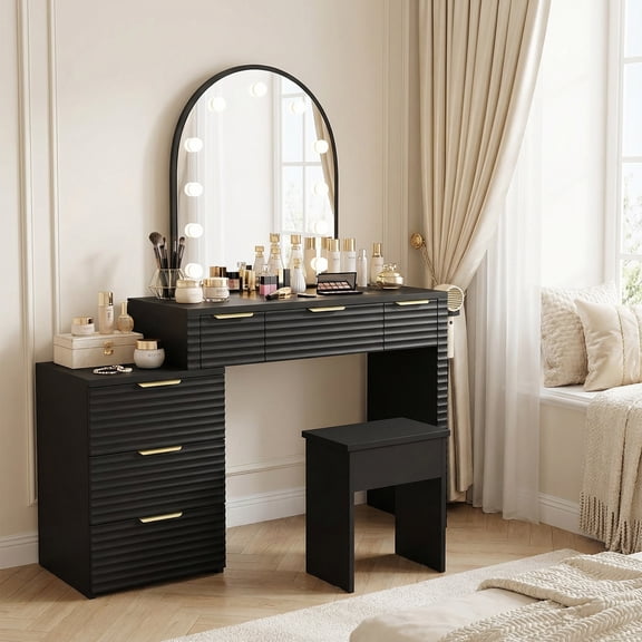 lemontalking Glass Top Makeup Vanity Set with LED Mirror, Honeycomb Board Vanity Table with Storage Drawers, 3 Lighting Modes, 3 Color Options, Dressing Table for Bedroom