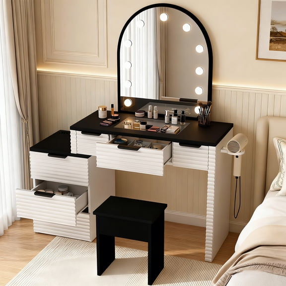 lemontalking Glass Top Makeup Vanity Set with LED Mirror, Honeycomb Board Vanity Table with Storage Drawers, 3 Lighting Modes, 3 Color Options, Dressing Table for Bedroom