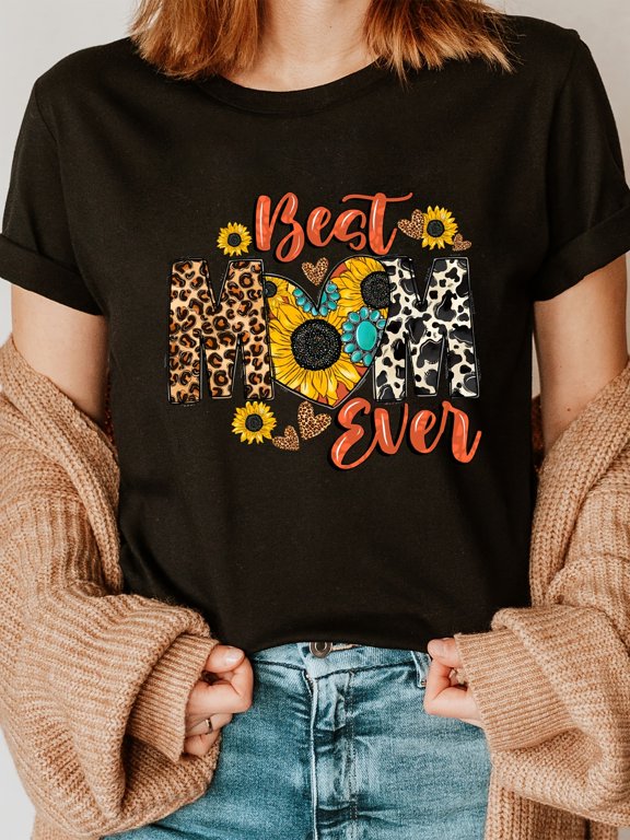 leopard print sunflower letter t shirt short sleeve crew neck casual top for womens clothing casual wear spring fashion trendy tshirt sunflower design fabric sty