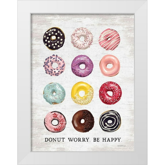 lettered And lined 12x14 White Modern Wood Framed Museum Art Print Titled - Donut Worry - Be Happy
