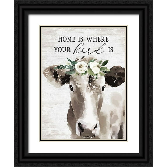 lettered And lined 25x32 Black Ornate Wood Framed with Double Matting Museum Art Print Titled - Home is Where Your Herd Is