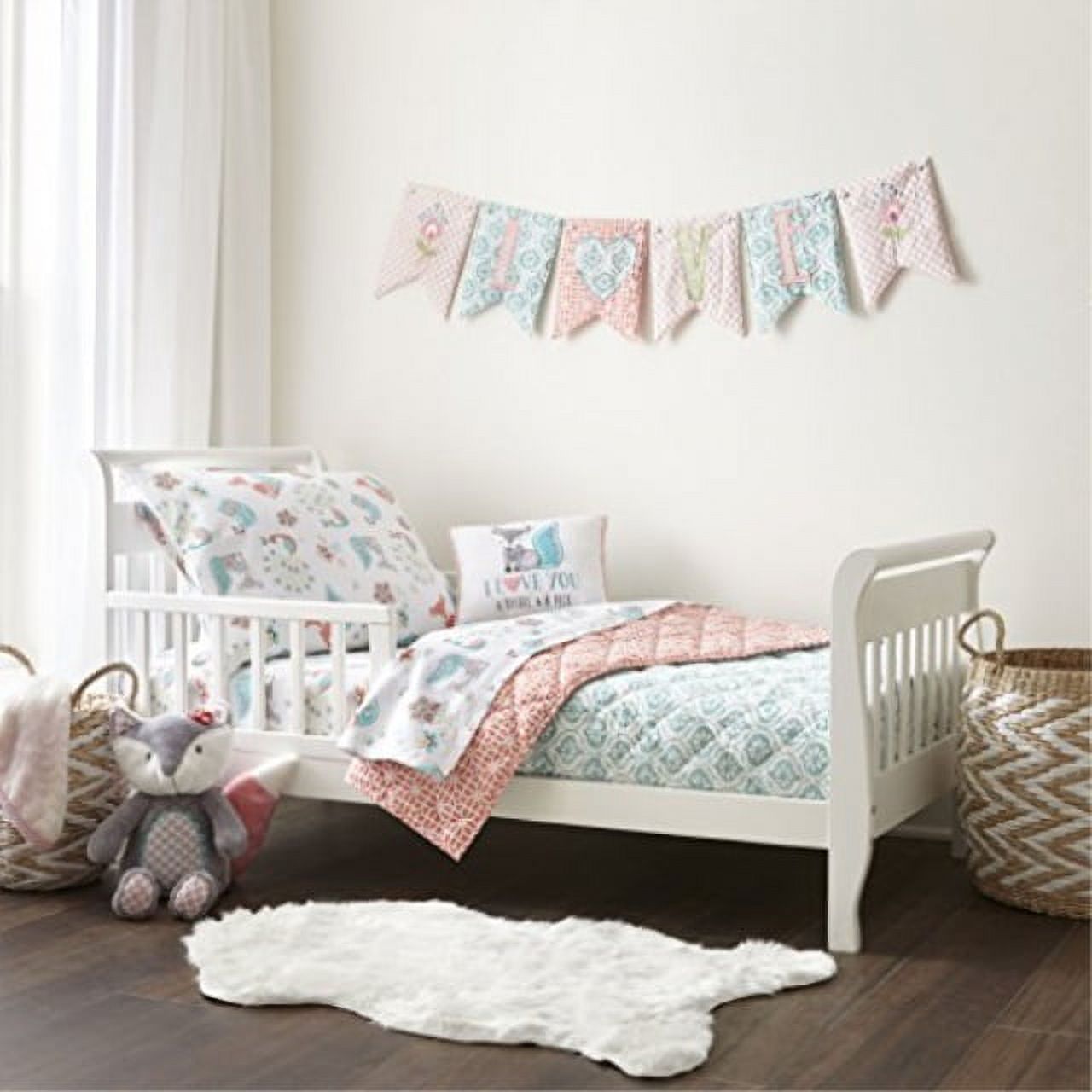 Levtex home Baby Fiona Toddler Bed Set Pink Aqua White Woodland Forest