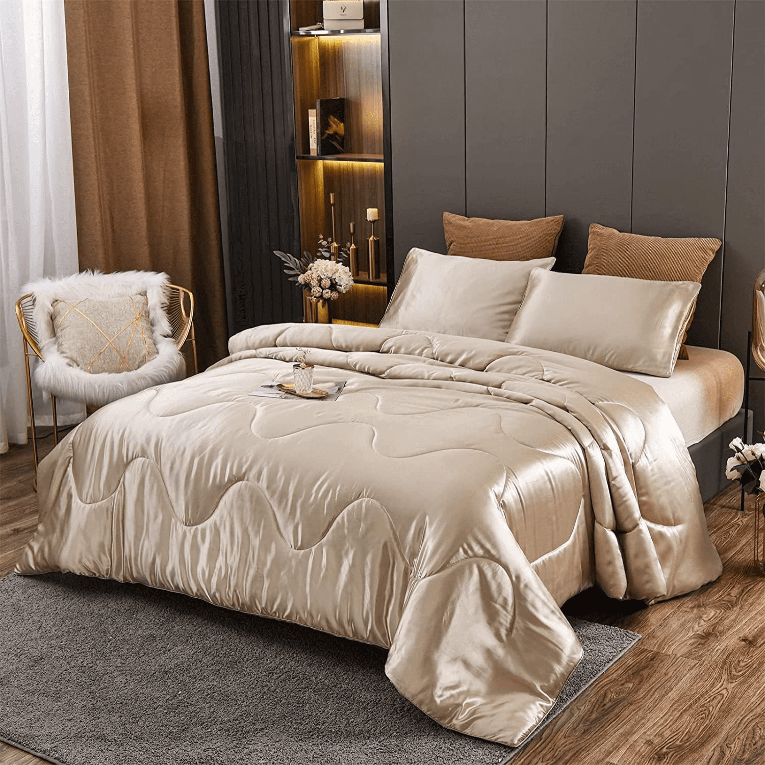 lgskybiudun Luxurious Solid Satin Silk Like Comforter Set Ultra Soft ...
