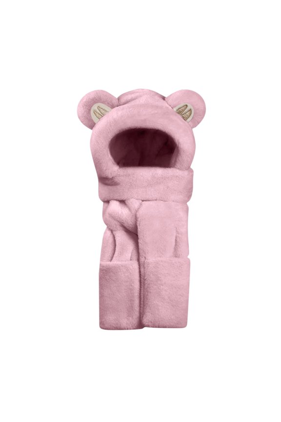 Bear Ear Faux Fur Hood Scarf Set with Pockets Winter Warm Cozy Daily Headwear Pink