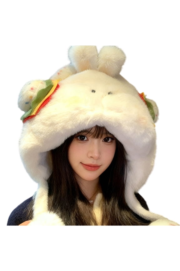 Bear Ear Faux Fur Trapper Hat with Burger Decor Trendy Winter Casual Headwear White