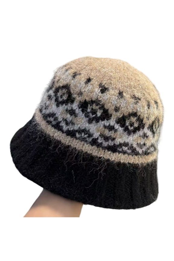 Color Block Fair Isle Knit Bucket Hat Casual Daily Warm Headwear Black