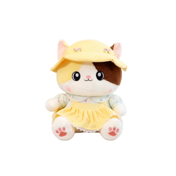 lhwanj Cute Calico Cat Plush Toy with Floral Dress and Rainbow Bow Hat for Desk Decor Birthday Gift and Cuddly Kitty Companion Friend