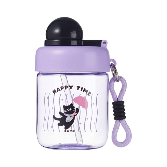 lhwanj Cute Water Bottle with Straw, Leakproof Summer Cartoon Anti Fall Portable Sports Bottle Cup, Flip Top, Springy Topper, Shoulder Strap