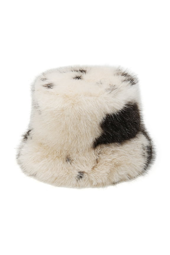 Dalmatian Print Fleece Bucket Hat Casual Winter Warm Fashion Headwear Beige