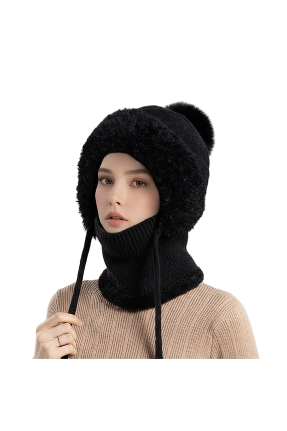 Faux Fur Ear Flap Neck Warmer Beanie Set Winter Warm Cozy Headwear Black