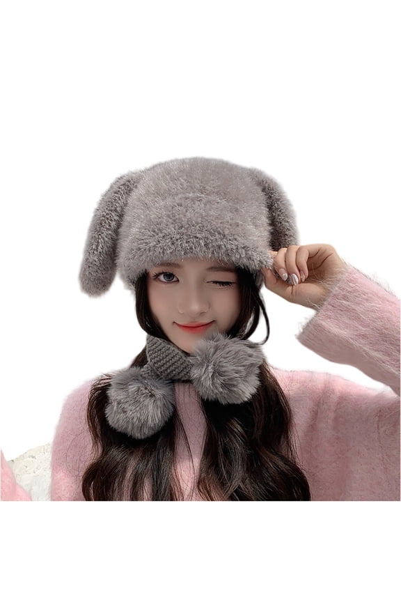 Faux Fur Ear Flap Trapper Hat with Pom Pom Drawstrings Winter Warm Cozy Headwear Gray