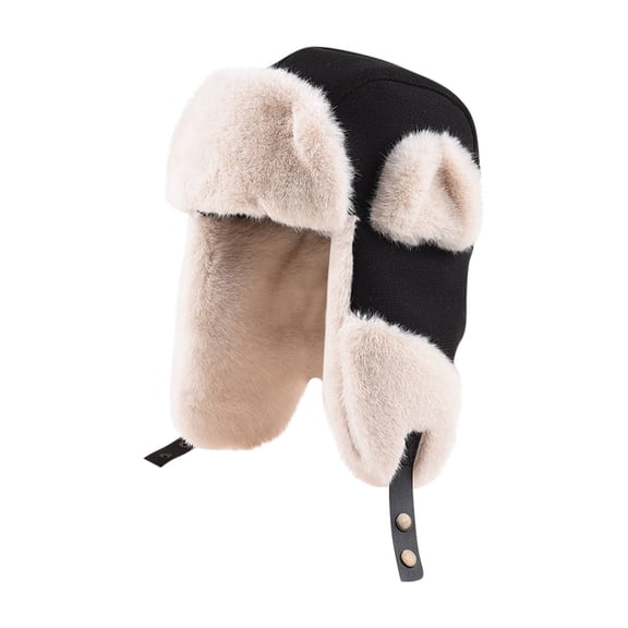 lhwanj Faux Fur Trim Trapper Hat Winter Warm Windproof Outdoor Casual Headwear Black