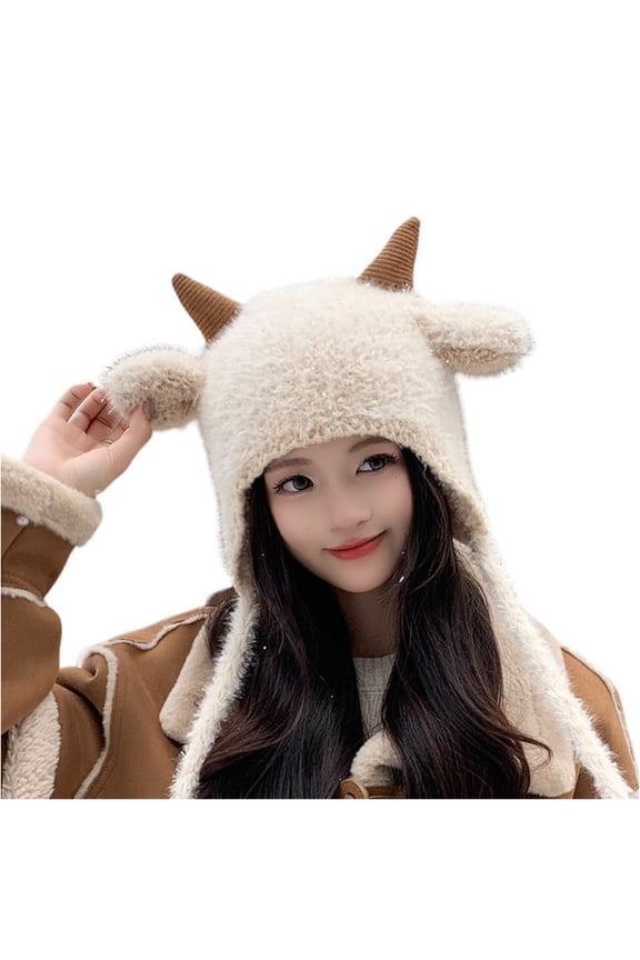 Goat Horn Faux Fur Ear Flap Trapper Hat Winter Warm Stylish Daily Headwear Beige