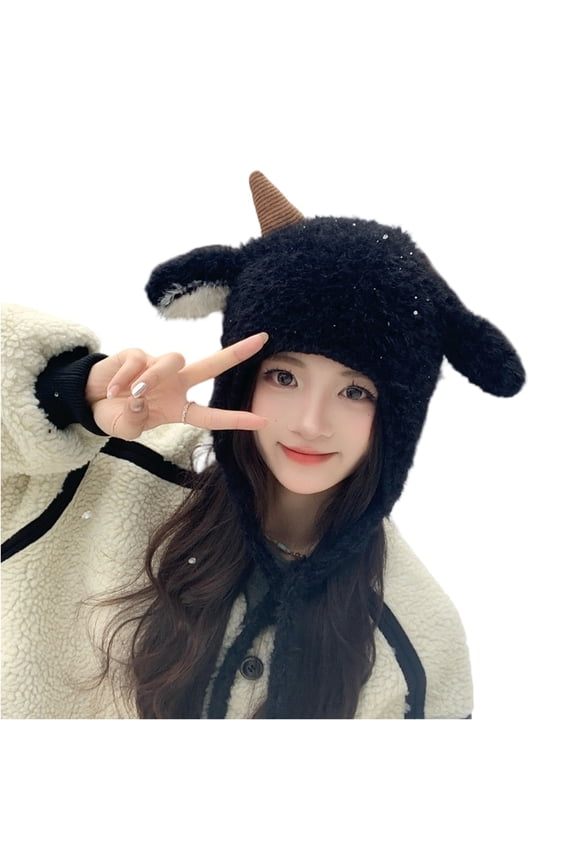 Goat Horn Faux Fur Ear Flap Trapper Hat Winter Warm Stylish Daily Headwear Black