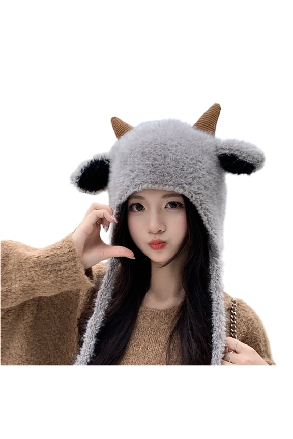 Goat Horn Faux Fur Ear Flap Trapper Hat Winter Warm Stylish Daily Headwear Gray