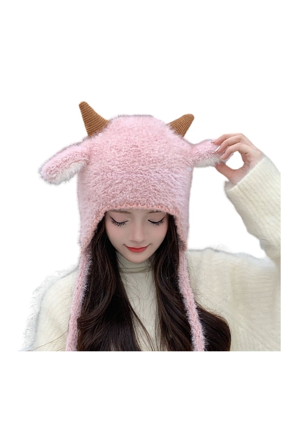 Goat Horn Faux Fur Ear Flap Trapper Hat Winter Warm Stylish Daily Headwear Pink