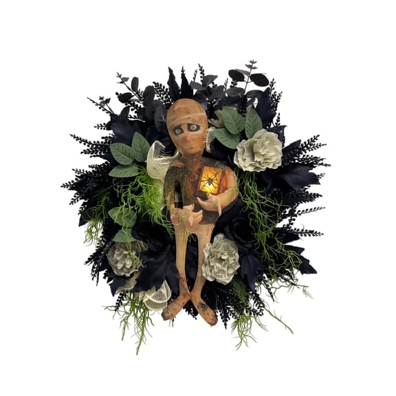 lhwanj Halloween Mummy Horror Wreath 19.7x15.7 Inch, Spooky Plastic Haunted House Decoration, Creepy Themed Door Wreath for Halloween Party Entryway Wall Horror Decor