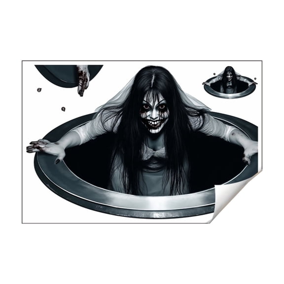 lhwanj Halloween Scary Floor Decal, 1 Pack 3D Illusion Long Hair Ghost Bride Crawling Out of Ground Self-Adhesive Sticker for Haunted House Living Room Bedroom Decor