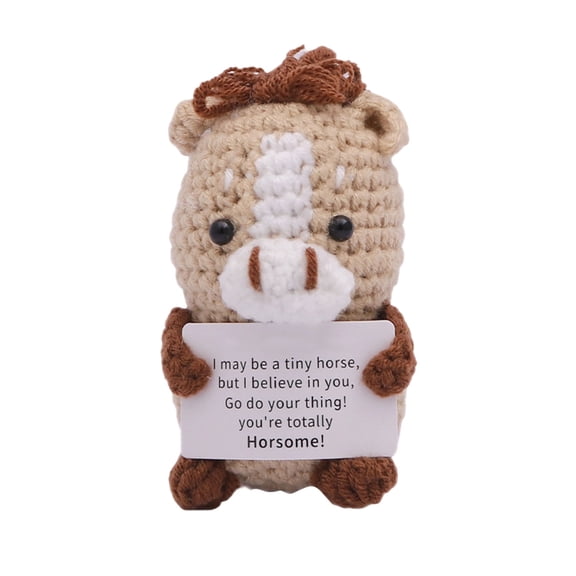 lhwanj Handmade Crochet Positive Message Horse Plush Toy with Encouraging Card for Desk Decor Birthday Gift and Motivational Comfort Companion
