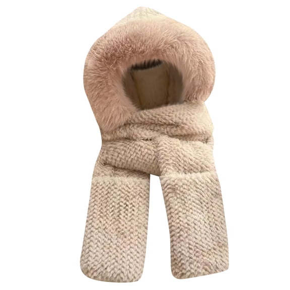 lhwanj Knit Hood Scarf Set with Faux Fur Trim Winter Warm Fashion Outdoor Headwear Khaki