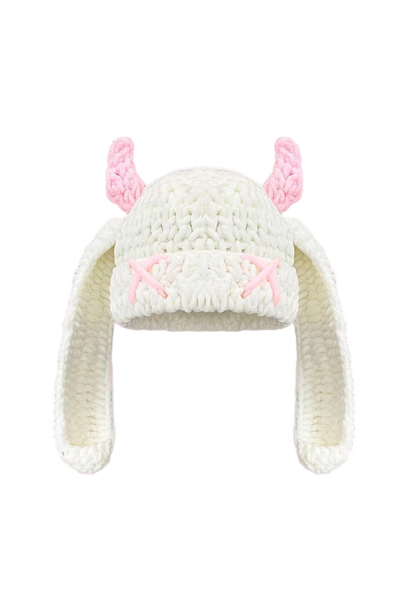 Rabbit Shape Faux Fur Ear Flap Hat with X-Eye Decor Cute Winter Casual Headwear Beige
