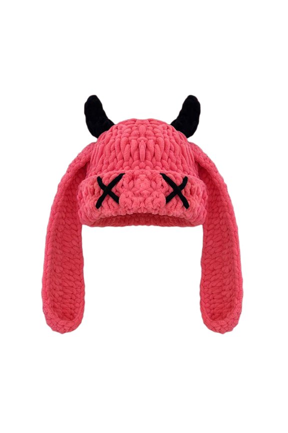 Rabbit Shape Faux Fur Ear Flap Hat with X-Eye Decor Cute Winter Casual Headwear Watermelon Red