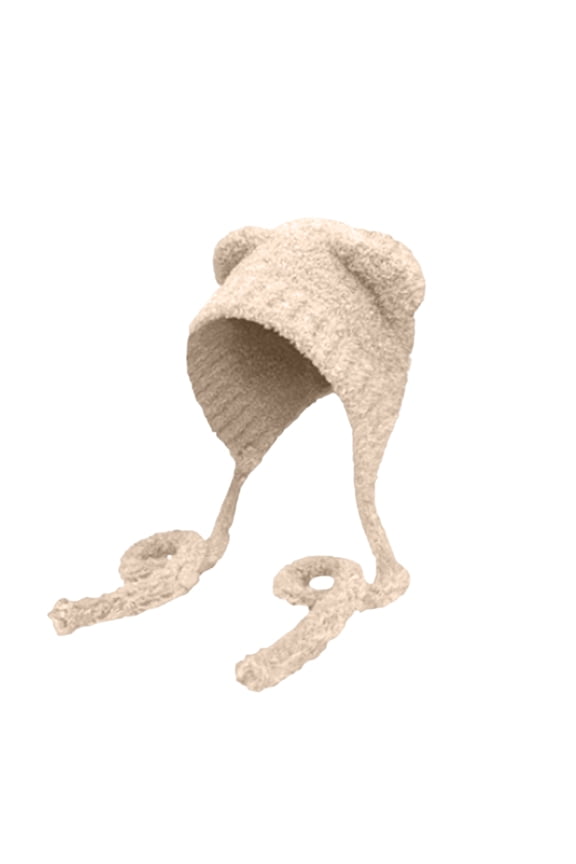 Solid Knit Ear Flap Trapper Hat Winter Warm Comfortable Daily Headwear Beige
