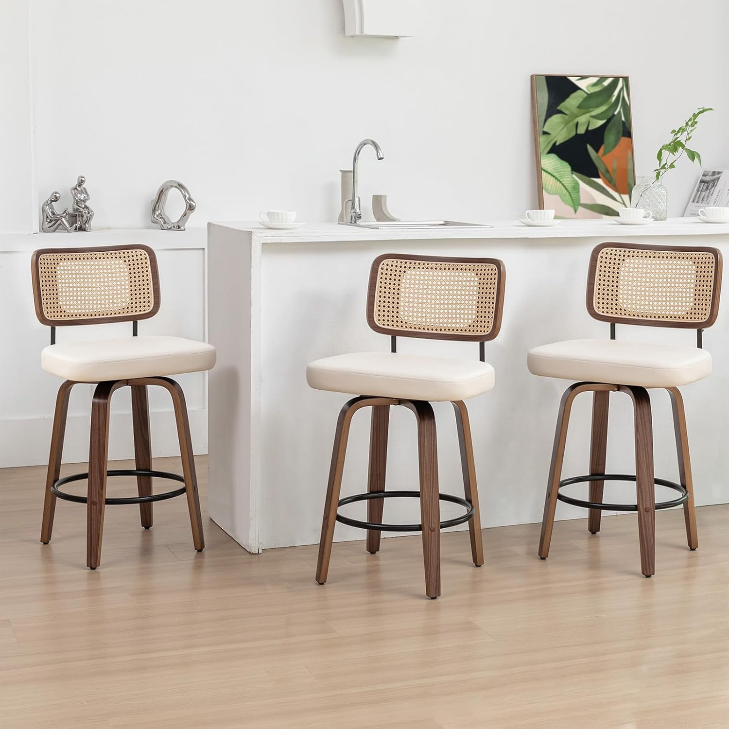 lifeboombiulife Rattan Bar tools - 26.4 inch Swivel Counter Height Stools with Cane Backs ...