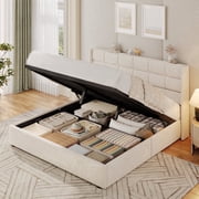 Lifezone Queen Linen Upholstered Storage Bed Frame with Button Tufted Wingback Headboard, Hydraulic Lift-Up Under-Bed Storage, Beige
