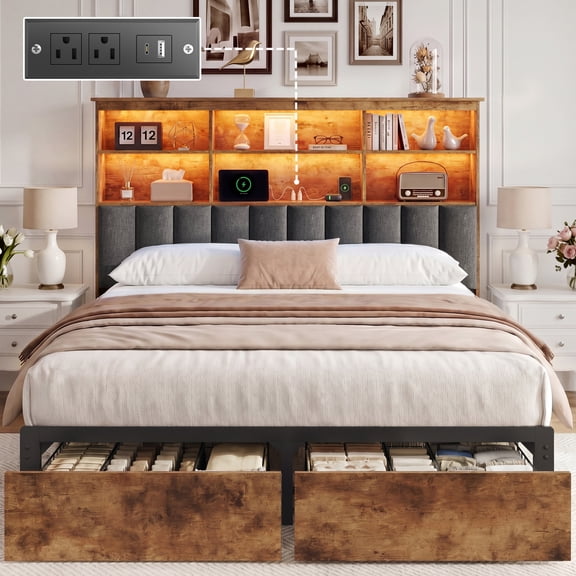 Lifezone Queen Storage Bed Frame with 2 Drawers, Bookcase Headboard & Charging Station, No Box Spring Needed, Rustic Brown