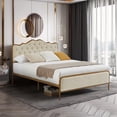 thumbnail image 1 of light Camel queen size bed with metal frame solid wood ribs and foam upholstery, 1 of 8