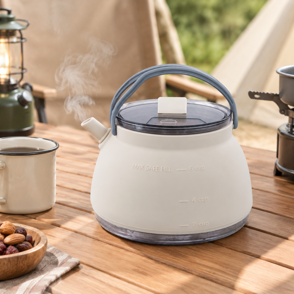 light Khaki 1.5L Portable Collapsible Camping Stovetop Kettle for Hiking Travel Outdoors