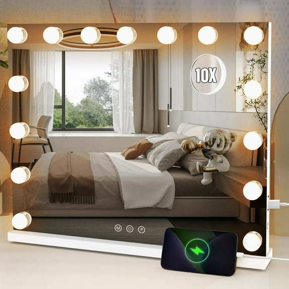 Miserwe The illuminated makeup mirror is equipped with a 10x magnifying glass, LED light, and an intelligent touch screen. It has 15 LED bulbs, a large size, and 3 colors that can be adjusted
