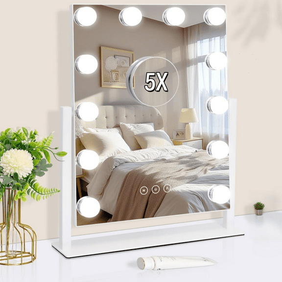 lighted makeup mirror with magnification, Featuring 12 Adjustable Light Bulbs, 3 Color Lighting Modes, Removable 5x Magnifying Mirror, Smart Touch Control, USB Charging Port, And 360-Degree Rotation